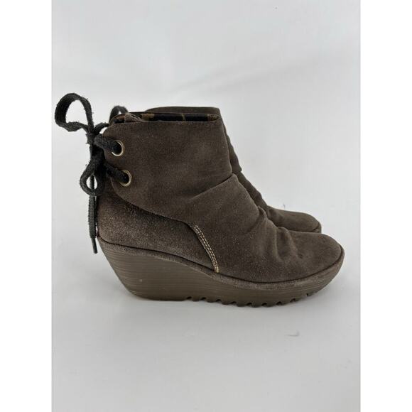Fly London Botin Booties Womens 39 / 8 Brown Suede Lace Up Back Wedges Ankle - Picture 1 of 15